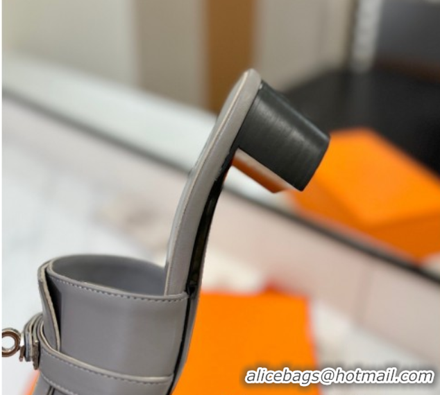 Top Grade Hermes Gigi Heel Slides Sandal 4.5cm in Smooth Calfskin with Kelly Buckle Grey 0421035