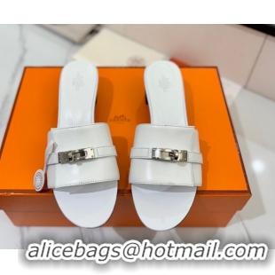 Hot Style Hermes Gigi Heel Slides Sandal 4.5cm in Smooth Calfskin with Kelly Buckle White 0421036