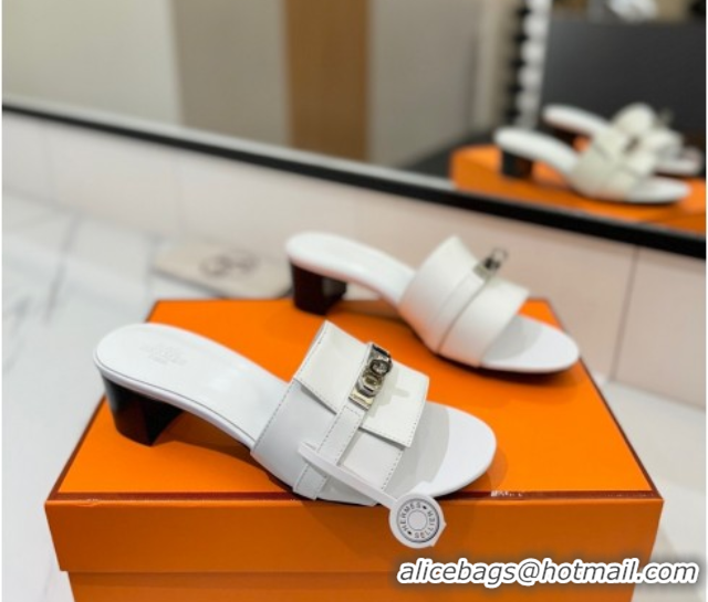 Hot Style Hermes Gigi Heel Slides Sandal 4.5cm in Smooth Calfskin with Kelly Buckle White 0421036