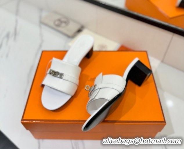 Hot Style Hermes Gigi Heel Slides Sandal 4.5cm in Smooth Calfskin with Kelly Buckle White 0421036