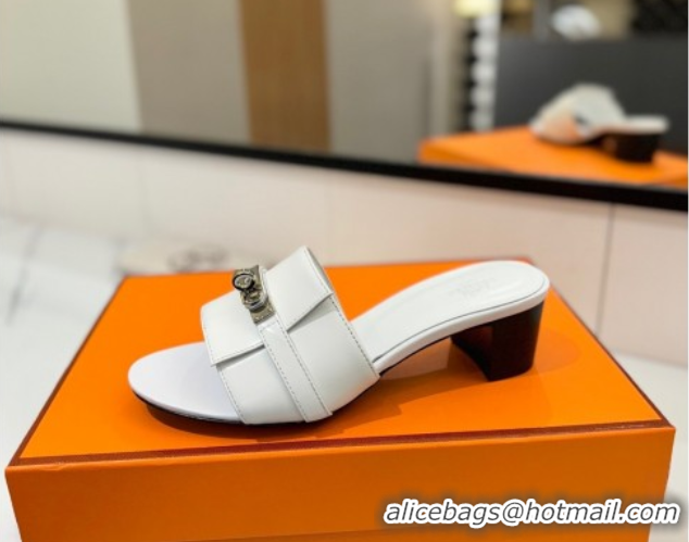 Hot Style Hermes Gigi Heel Slides Sandal 4.5cm in Smooth Calfskin with Kelly Buckle White 0421036