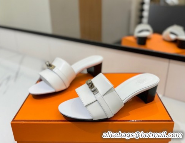 Hot Style Hermes Gigi Heel Slides Sandal 4.5cm in Smooth Calfskin with Kelly Buckle White 0421036