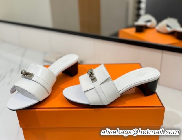Hot Style Hermes Gigi Heel Slides Sandal 4.5cm in Smooth Calfskin with Kelly Buckle White 0421036