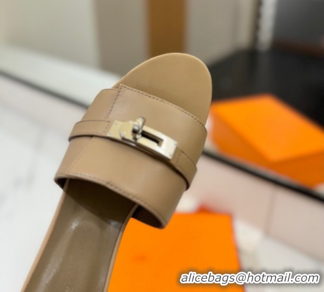 Stylish Hermes Gigi Heel Slides Sandal 4.5cm in Smooth Calfskin with Kelly Buckle Beige 0421038