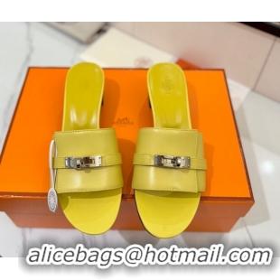 Luxury Hermes Gigi Heel Slides Sandal 4.5cm in Smooth Calfskin with Kelly Buckle Yellow 0421039