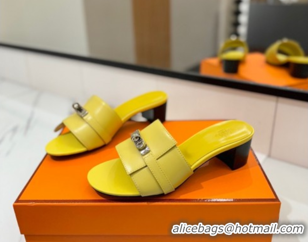 Luxury Hermes Gigi Heel Slides Sandal 4.5cm in Smooth Calfskin with Kelly Buckle Yellow 0421039