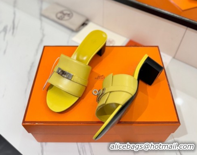Luxury Hermes Gigi Heel Slides Sandal 4.5cm in Smooth Calfskin with Kelly Buckle Yellow 0421039