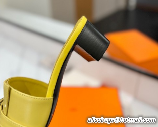 Luxury Hermes Gigi Heel Slides Sandal 4.5cm in Smooth Calfskin with Kelly Buckle Yellow 0421039