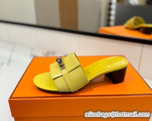 Luxury Hermes Gigi Heel Slides Sandal 4.5cm in Smooth Calfskin with Kelly Buckle Yellow 0421039