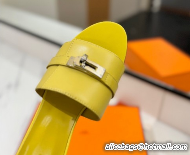 Luxury Hermes Gigi Heel Slides Sandal 4.5cm in Smooth Calfskin with Kelly Buckle Yellow 0421039