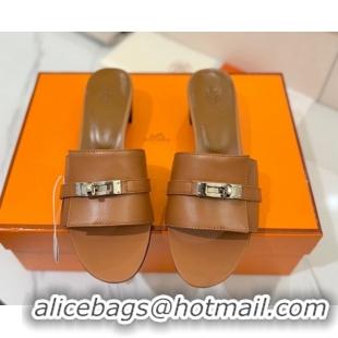 Lowest Price Hermes Gigi Heel Slides Sandal 4.5cm in Smooth Calfskin with Kelly Buckle Brown 0421040