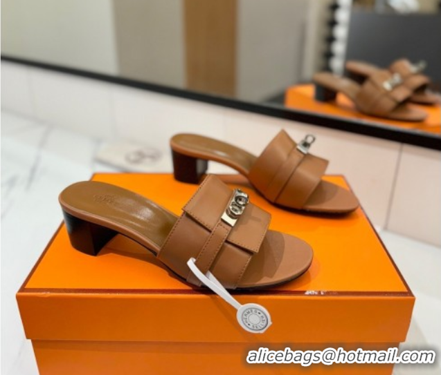Lowest Price Hermes Gigi Heel Slides Sandal 4.5cm in Smooth Calfskin with Kelly Buckle Brown 0421040