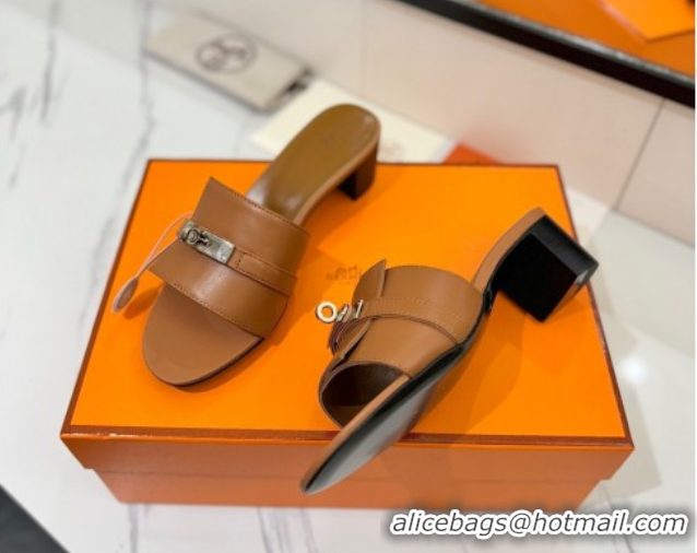 Lowest Price Hermes Gigi Heel Slides Sandal 4.5cm in Smooth Calfskin with Kelly Buckle Brown 0421040