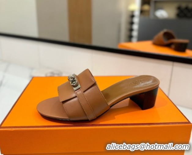Lowest Price Hermes Gigi Heel Slides Sandal 4.5cm in Smooth Calfskin with Kelly Buckle Brown 0421040