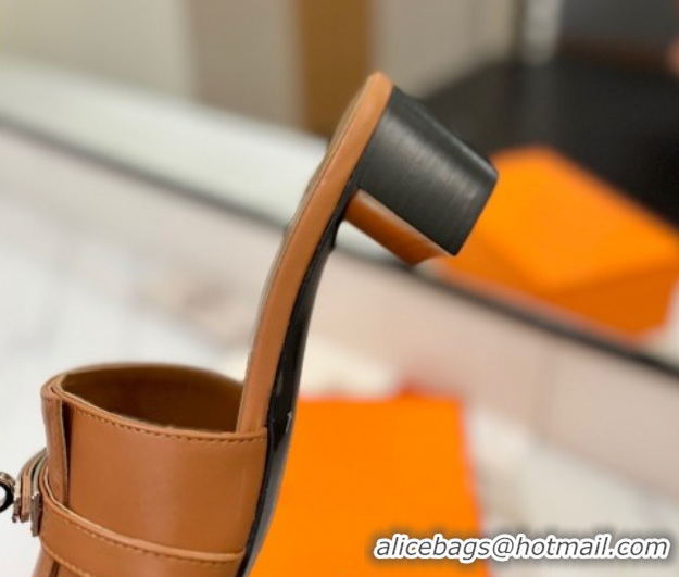 Lowest Price Hermes Gigi Heel Slides Sandal 4.5cm in Smooth Calfskin with Kelly Buckle Brown 0421040