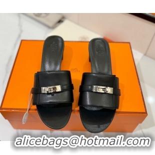 Duplicate Hermes Gigi Heel Slides Sandal 4.5cm in Smooth Calfskin with Kelly Buckle Black 0421041