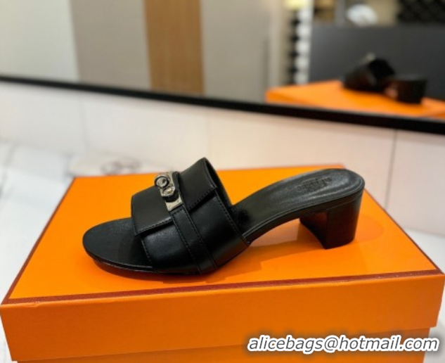 Duplicate Hermes Gigi Heel Slides Sandal 4.5cm in Smooth Calfskin with Kelly Buckle Black 0421041