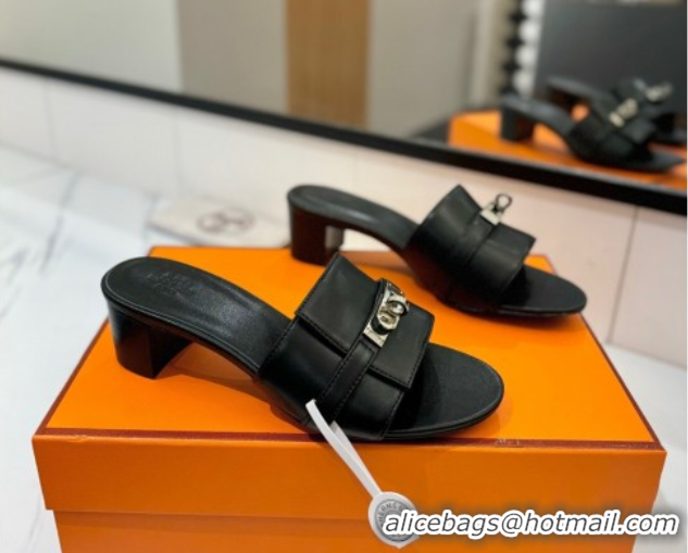 Duplicate Hermes Gigi Heel Slides Sandal 4.5cm in Smooth Calfskin with Kelly Buckle Black 0421041