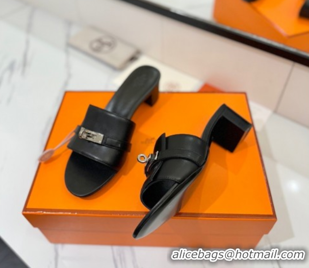 Duplicate Hermes Gigi Heel Slides Sandal 4.5cm in Smooth Calfskin with Kelly Buckle Black 0421041