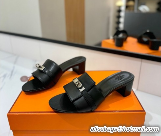 Duplicate Hermes Gigi Heel Slides Sandal 4.5cm in Smooth Calfskin with Kelly Buckle Black 0421041