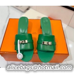 Luxurious Hermes Gigi Heel Slides Sandal 4.5cm in Smooth Calfskin with Kelly Buckle Green 0421042