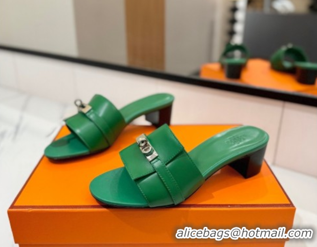 Luxurious Hermes Gigi Heel Slides Sandal 4.5cm in Smooth Calfskin with Kelly Buckle Green 0421042
