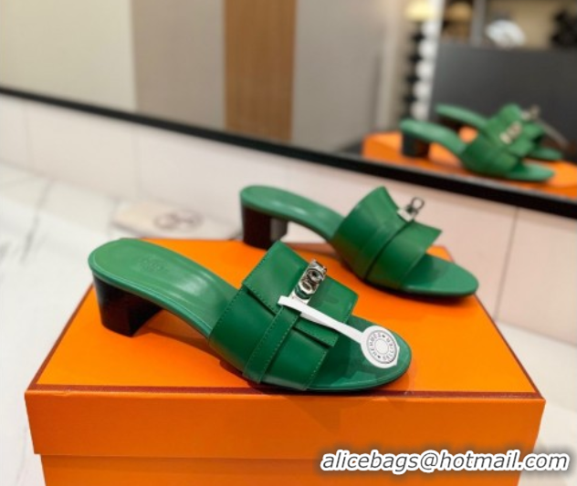 Luxurious Hermes Gigi Heel Slides Sandal 4.5cm in Smooth Calfskin with Kelly Buckle Green 0421042