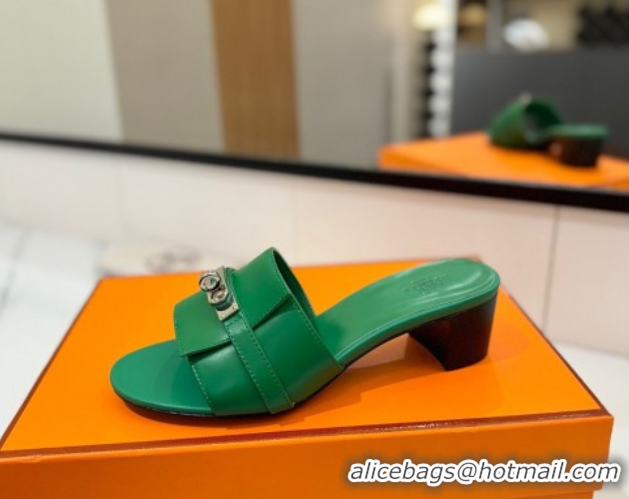 Luxurious Hermes Gigi Heel Slides Sandal 4.5cm in Smooth Calfskin with Kelly Buckle Green 0421042