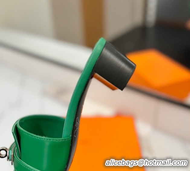 Luxurious Hermes Gigi Heel Slides Sandal 4.5cm in Smooth Calfskin with Kelly Buckle Green 0421042