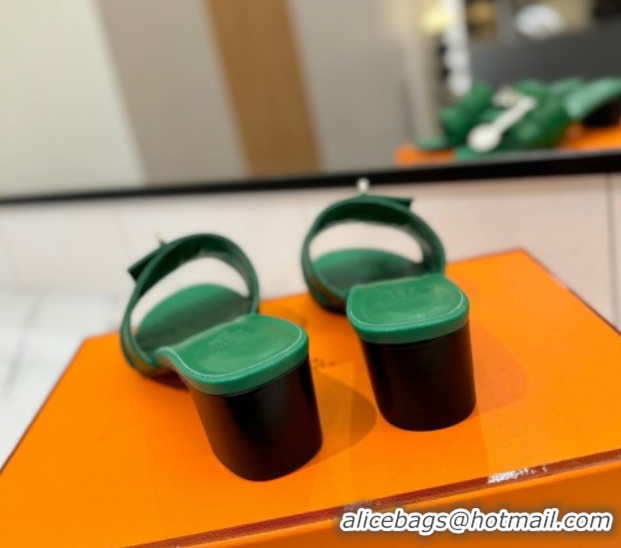 Luxurious Hermes Gigi Heel Slides Sandal 4.5cm in Smooth Calfskin with Kelly Buckle Green 0421042