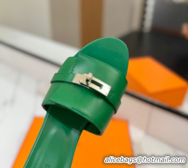 Luxurious Hermes Gigi Heel Slides Sandal 4.5cm in Smooth Calfskin with Kelly Buckle Green 0421042