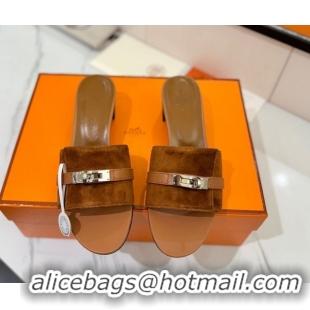 Perfect Hermes Gigi Heel Slides Sandal 4.5cm in Suede with Kelly Buckle Brown 0421043