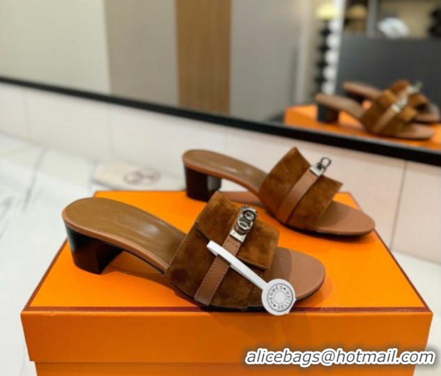 Perfect Hermes Gigi Heel Slides Sandal 4.5cm in Suede with Kelly Buckle Brown 0421043