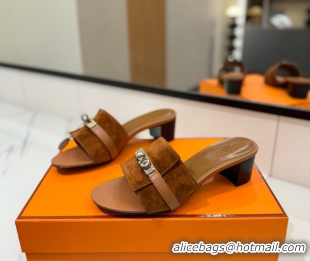 Perfect Hermes Gigi Heel Slides Sandal 4.5cm in Suede with Kelly Buckle Brown 0421043