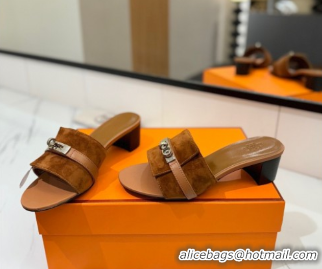 Perfect Hermes Gigi Heel Slides Sandal 4.5cm in Suede with Kelly Buckle Brown 0421043