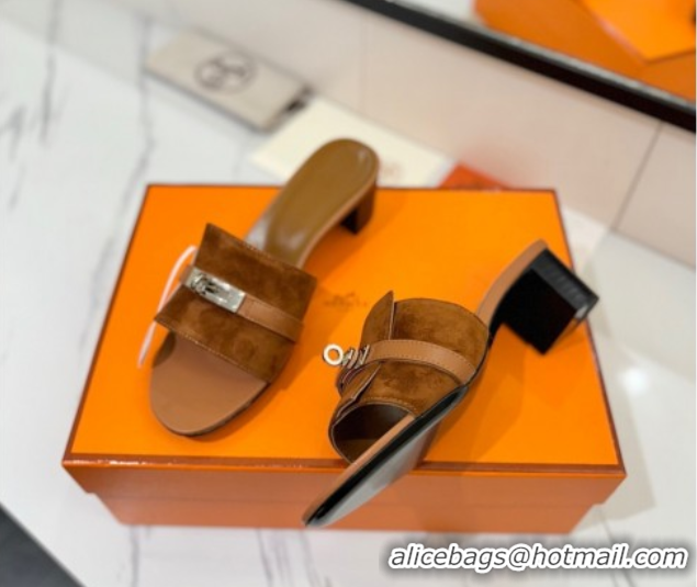 Perfect Hermes Gigi Heel Slides Sandal 4.5cm in Suede with Kelly Buckle Brown 0421043