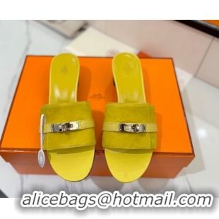 Stylish Hermes Gigi Heel Slides Sandal 4.5cm in Suede with Kelly Buckle Yellow 0421045