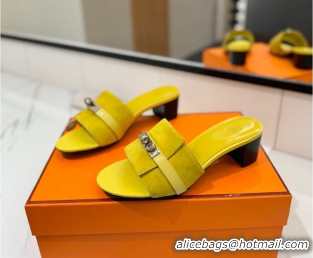 Stylish Hermes Gigi Heel Slides Sandal 4.5cm in Suede with Kelly Buckle Yellow 0421045