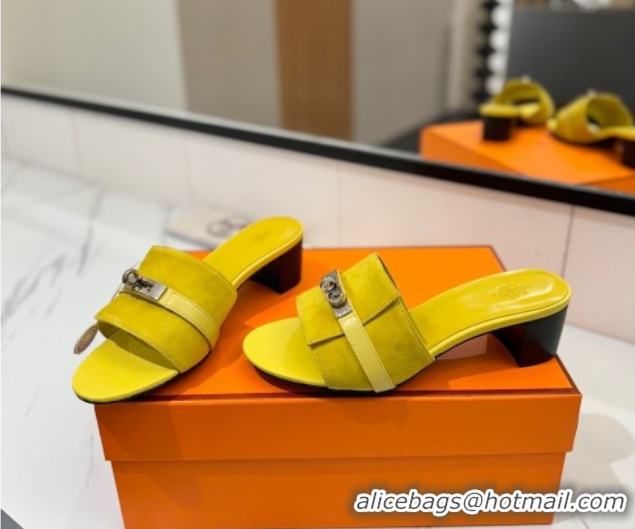 Stylish Hermes Gigi Heel Slides Sandal 4.5cm in Suede with Kelly Buckle Yellow 0421045