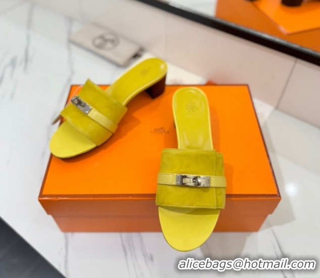 Stylish Hermes Gigi Heel Slides Sandal 4.5cm in Suede with Kelly Buckle Yellow 0421045