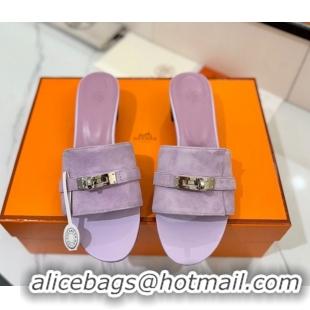 Lower Price Hermes Gigi Heel Slides Sandal 4.5cm in Suede with Kelly Buckle Purple 0421044