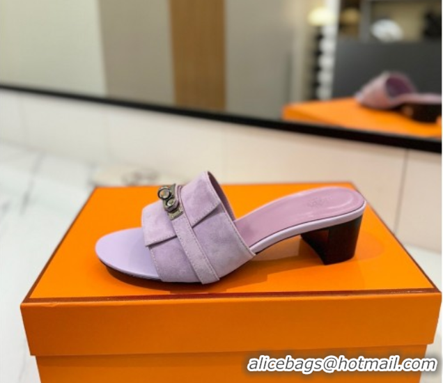 Lower Price Hermes Gigi Heel Slides Sandal 4.5cm in Suede with Kelly Buckle Purple 0421044