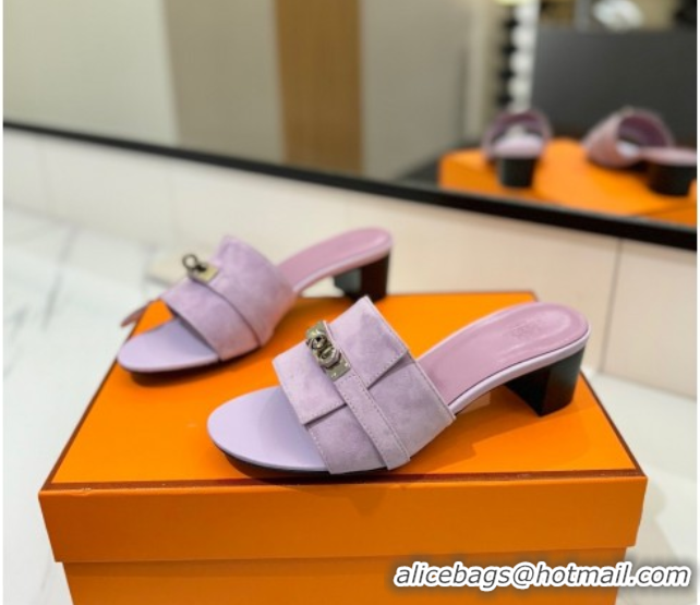 Lower Price Hermes Gigi Heel Slides Sandal 4.5cm in Suede with Kelly Buckle Purple 0421044