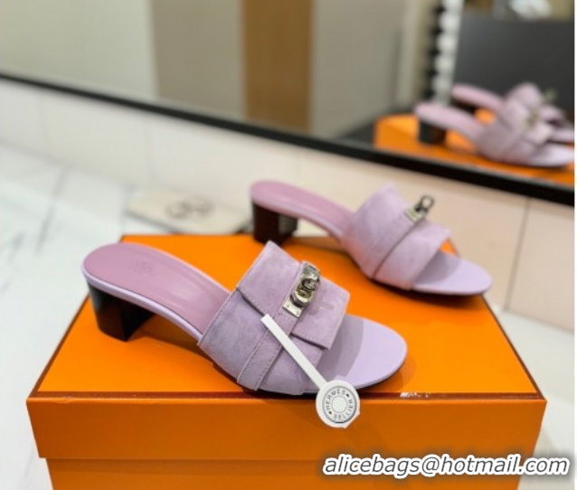 Lower Price Hermes Gigi Heel Slides Sandal 4.5cm in Suede with Kelly Buckle Purple 0421044