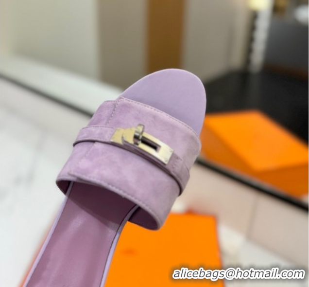 Lower Price Hermes Gigi Heel Slides Sandal 4.5cm in Suede with Kelly Buckle Purple 0421044