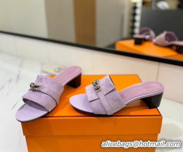 Lower Price Hermes Gigi Heel Slides Sandal 4.5cm in Suede with Kelly Buckle Purple 0421044