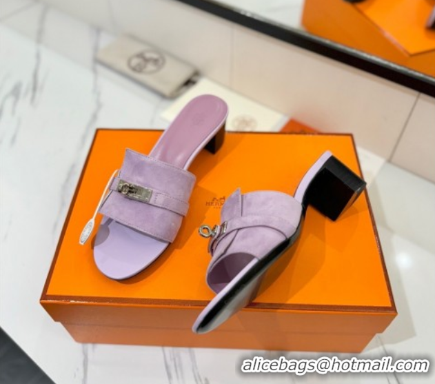 Lower Price Hermes Gigi Heel Slides Sandal 4.5cm in Suede with Kelly Buckle Purple 0421044