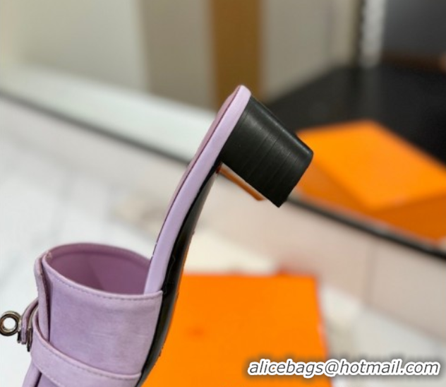Lower Price Hermes Gigi Heel Slides Sandal 4.5cm in Suede with Kelly Buckle Purple 0421044