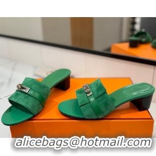 Cheap Price Hermes Gigi Heel Slides Sandal 4.5cm in Suede with Kelly Buckle Green 0421046
