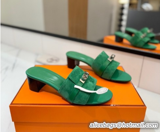Cheap Price Hermes Gigi Heel Slides Sandal 4.5cm in Suede with Kelly Buckle Green 0421046